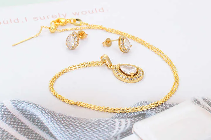 طقم مجوهرات من الزركون للنساء والفتيات - Luxurious Shiny Geometry Water Drop Pendant