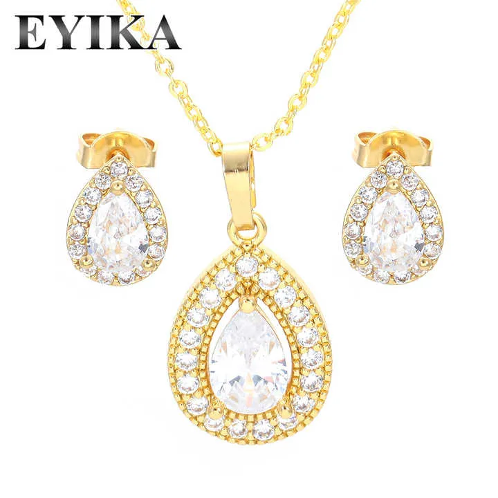 طقم مجوهرات من الزركون للنساء والفتيات - Luxurious Shiny Geometry Water Drop Pendant