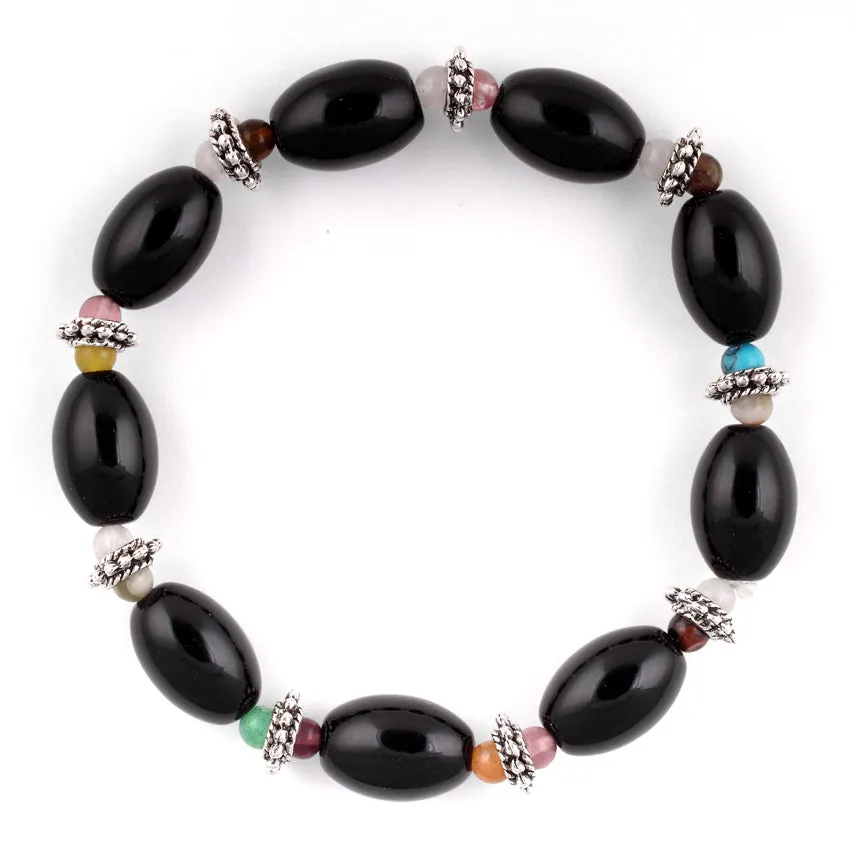 10x14mm Melon 4mm Pewter Black Gem Stone Bracelet