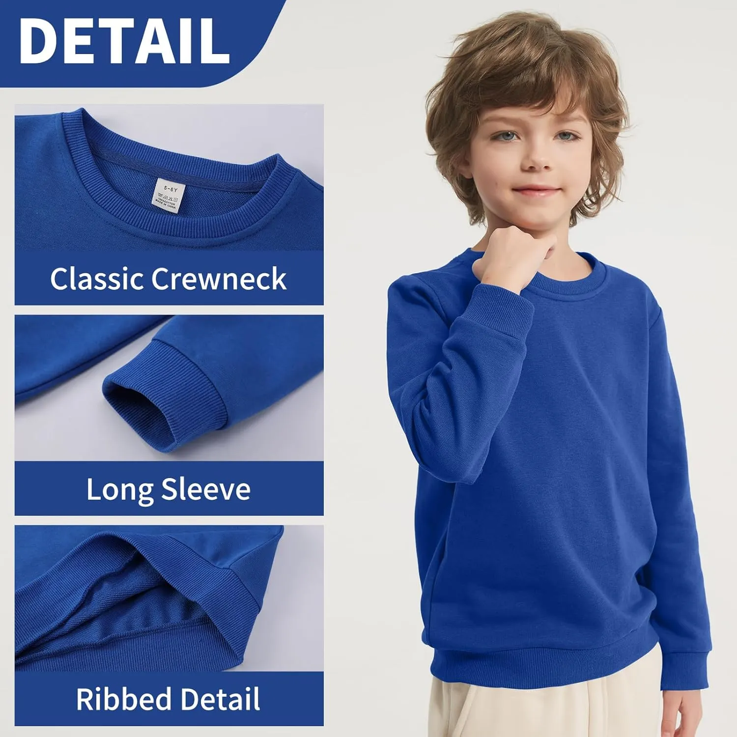 2-Pack Unisex Kids Crewneck Sweatshirt Long Sleeve Cotton Pullover Tops For Boys and Girls(Thin)