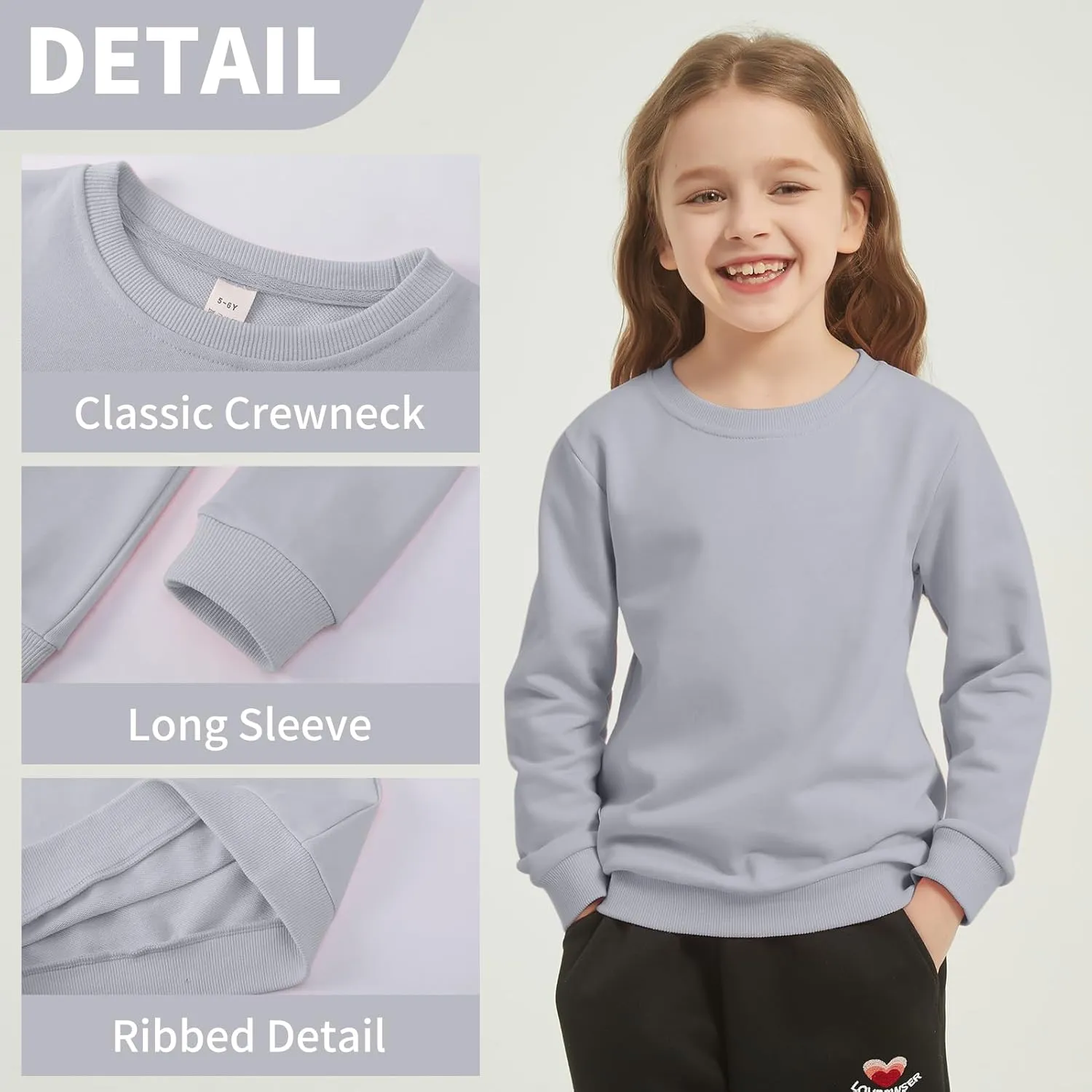 2-Pack Unisex Kids Crewneck Sweatshirt Long Sleeve Cotton Pullover Tops For Boys and Girls(Thin)