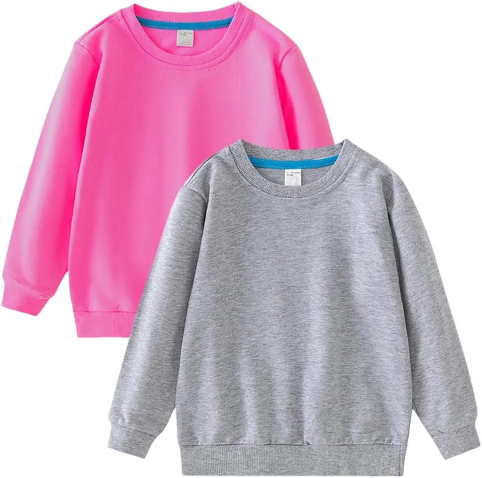 2-Pack Unisex Kids Crewneck Sweatshirt Long Sleeve Cotton Pullover Tops For Boys and Girls(Thin)