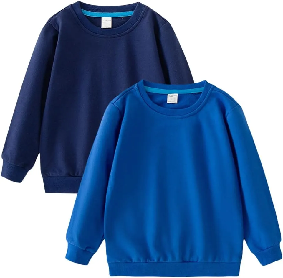 2-Pack Unisex Kids Crewneck Sweatshirt Long Sleeve Cotton Pullover Tops For Boys and Girls(Thin)