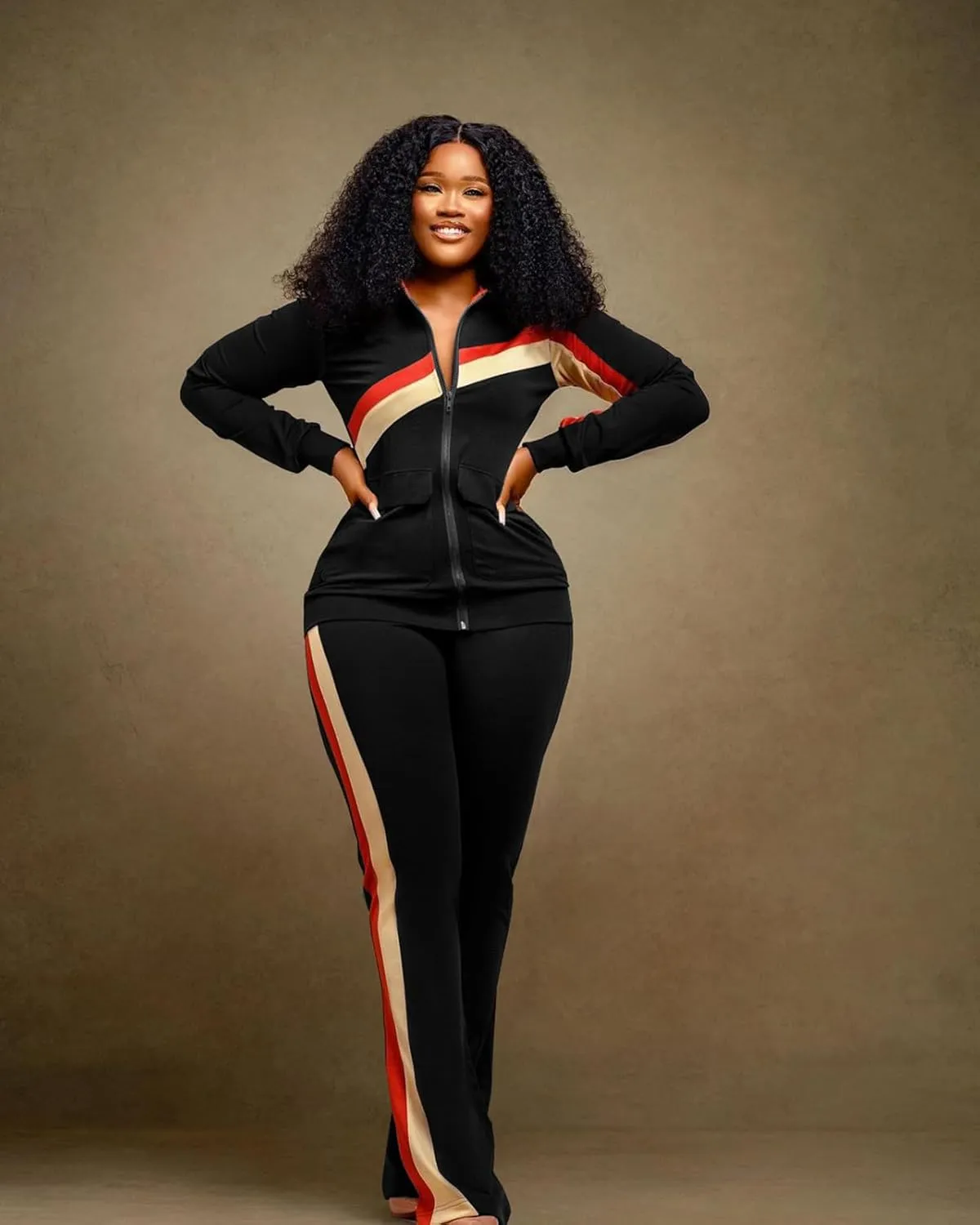 2 Piece Outfits for Women Long Sleeve Striped Zipup Jacket Wide Leg Long Pant Retro Tracksuit Sport Set Wine Red