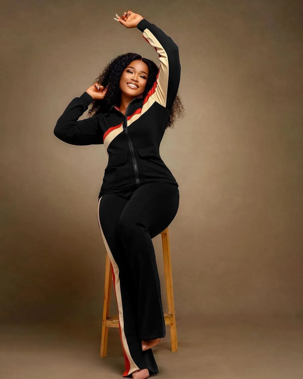 2 Piece Outfits for Women Long Sleeve Striped Zipup Jacket Wide Leg Long Pant Retro Tracksuit Sport Set Wine Red