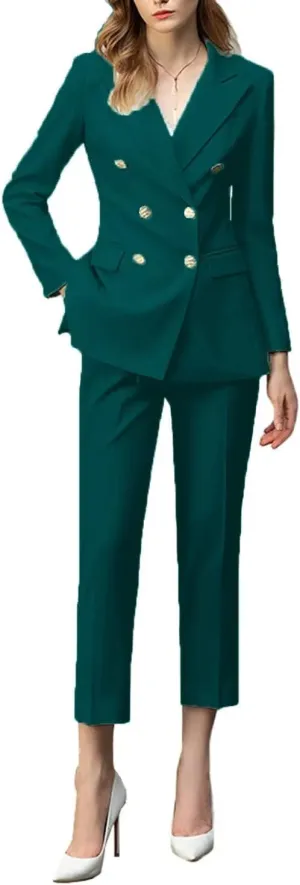 2 Piece Women's Peaked Lapel Classic Fit Outfit Double Breasted Formal Business Blazer Pant Suits