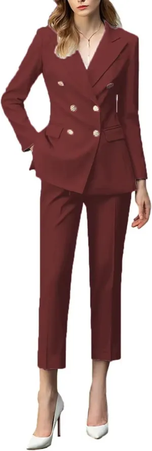 2 Piece Women's Peaked Lapel Classic Fit Outfit Double Breasted Formal Business Blazer Pant Suits