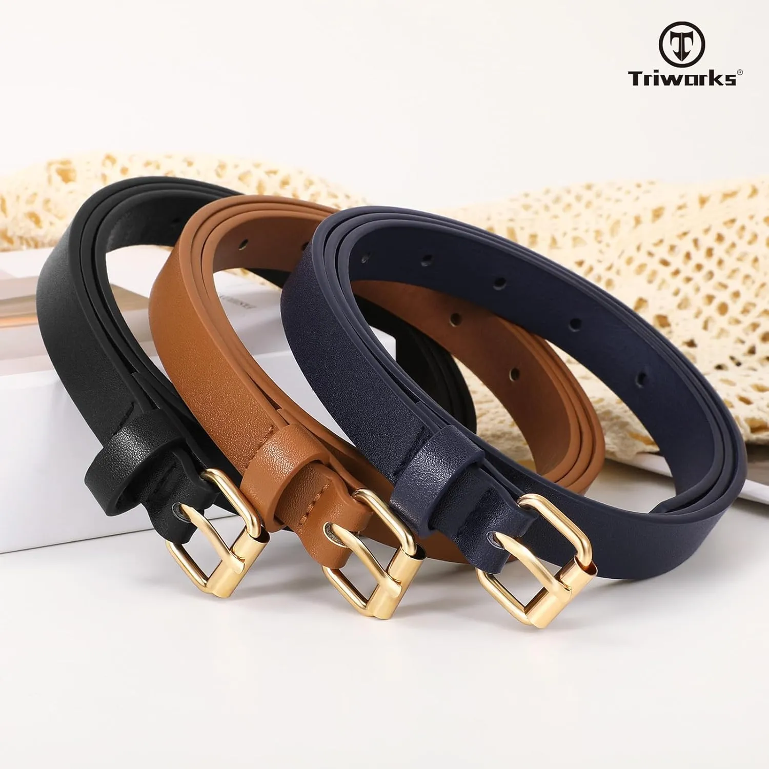 3 Pack Women Skinny Leather Belt for Jeans Pants Dress Ladies Thin Waist Belt with Gold Buckle