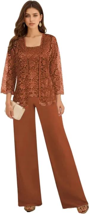 3 Pieces Mother of The Bride Pant Suits for Wedding Long Sleeve Chiffon Lace Formal Outfits for Women 2025 with Jackets