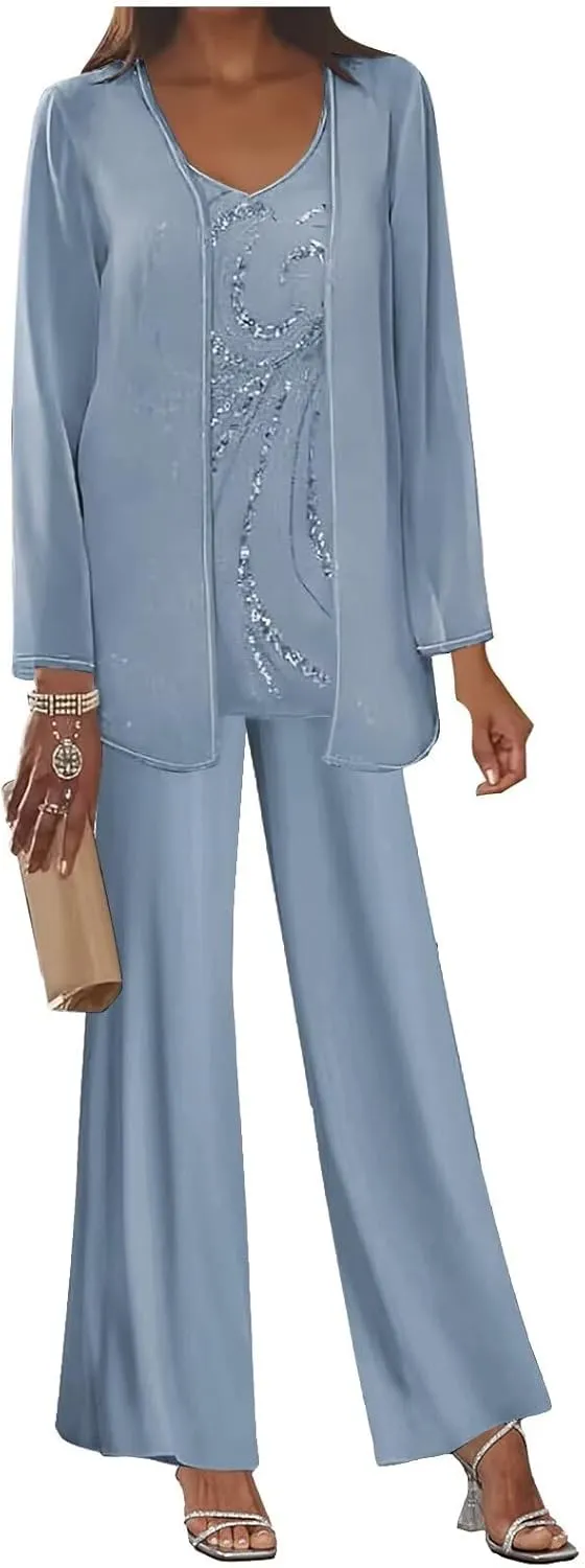 3 Pieces Mother of The Bride Pant Suits for Women Dressy Long Sleeve Chiffon Outfit Formal Evening Gown