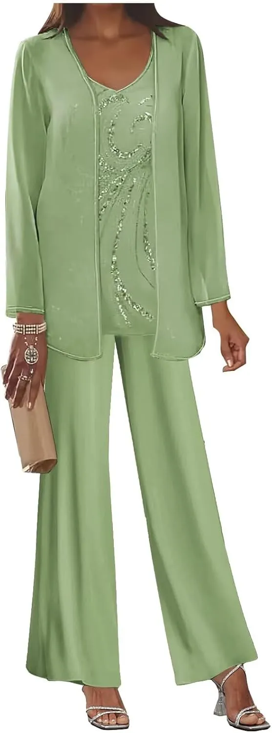 3 Pieces Mother of The Bride Pant Suits for Women Dressy Long Sleeve Chiffon Outfit Formal Evening Gown