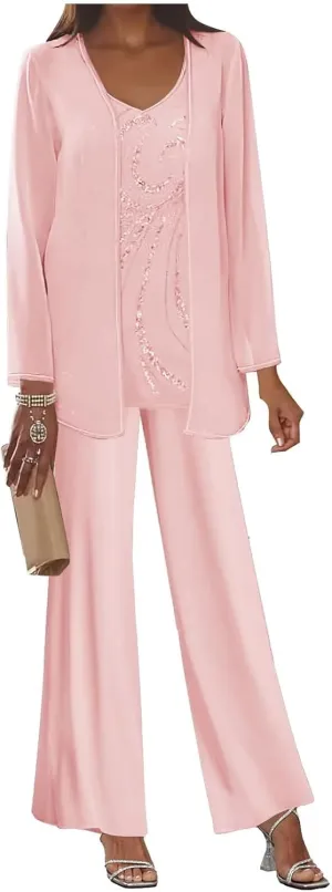 3 Pieces Mother of The Bride Pant Suits for Women Dressy Long Sleeve Chiffon Outfit Formal Evening Gown