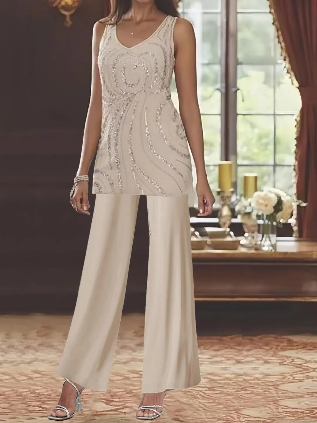 3 Pieces Mother of The Bride Pant Suits for Women Dressy Long Sleeve Chiffon Outfit Formal Evening Gown