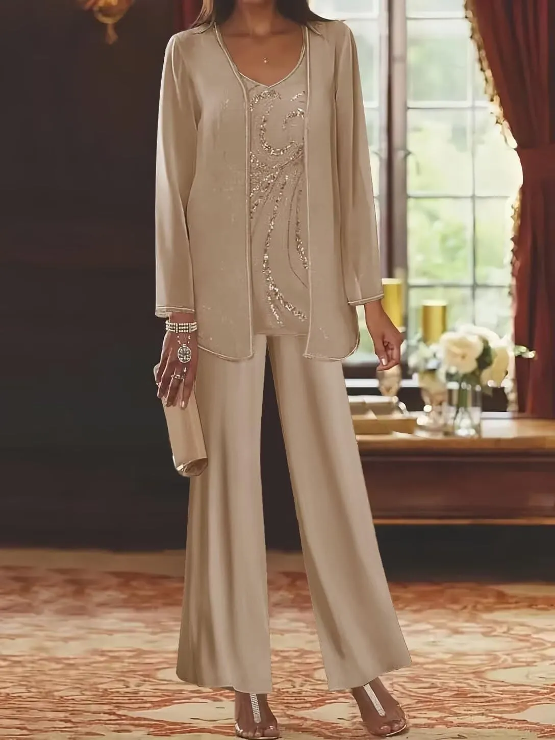 3 Pieces Mother of The Bride Pant Suits for Women Dressy Long Sleeve Chiffon Outfit Formal Evening Gown