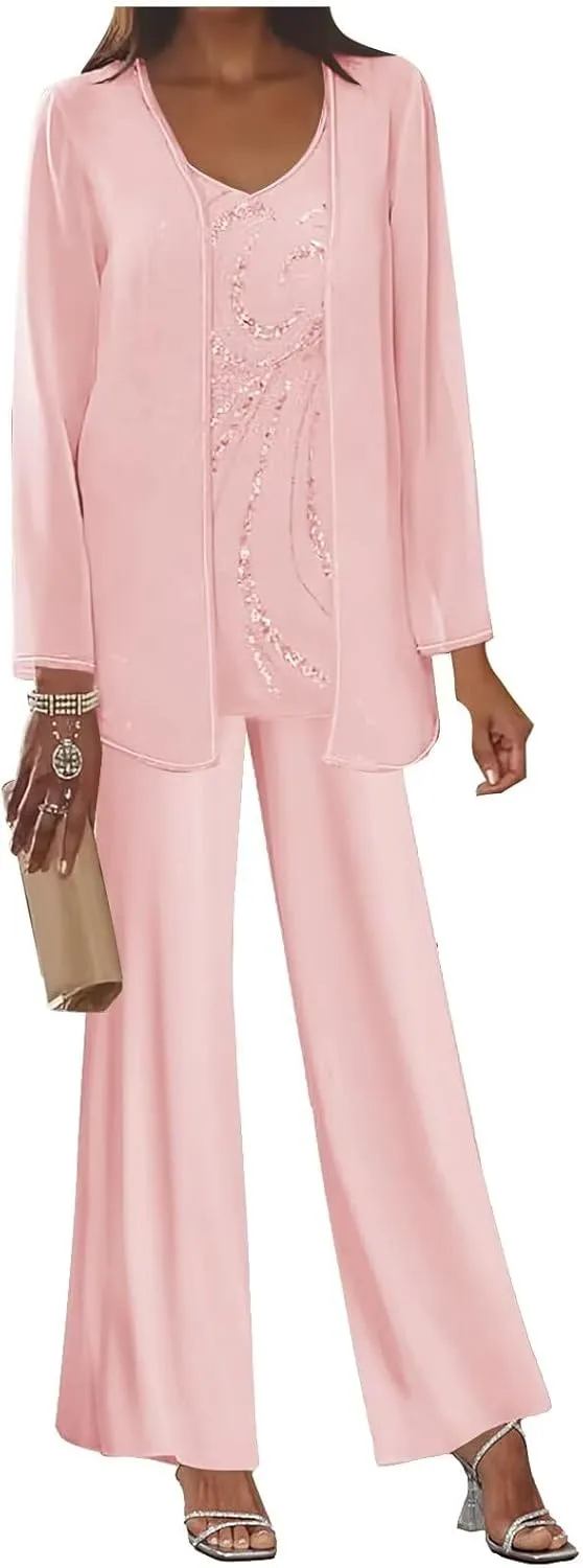 3 Pieces Mother of The Bride Pant Suits for Women Dressy Long Sleeve Chiffon Outfit Formal Evening Gown