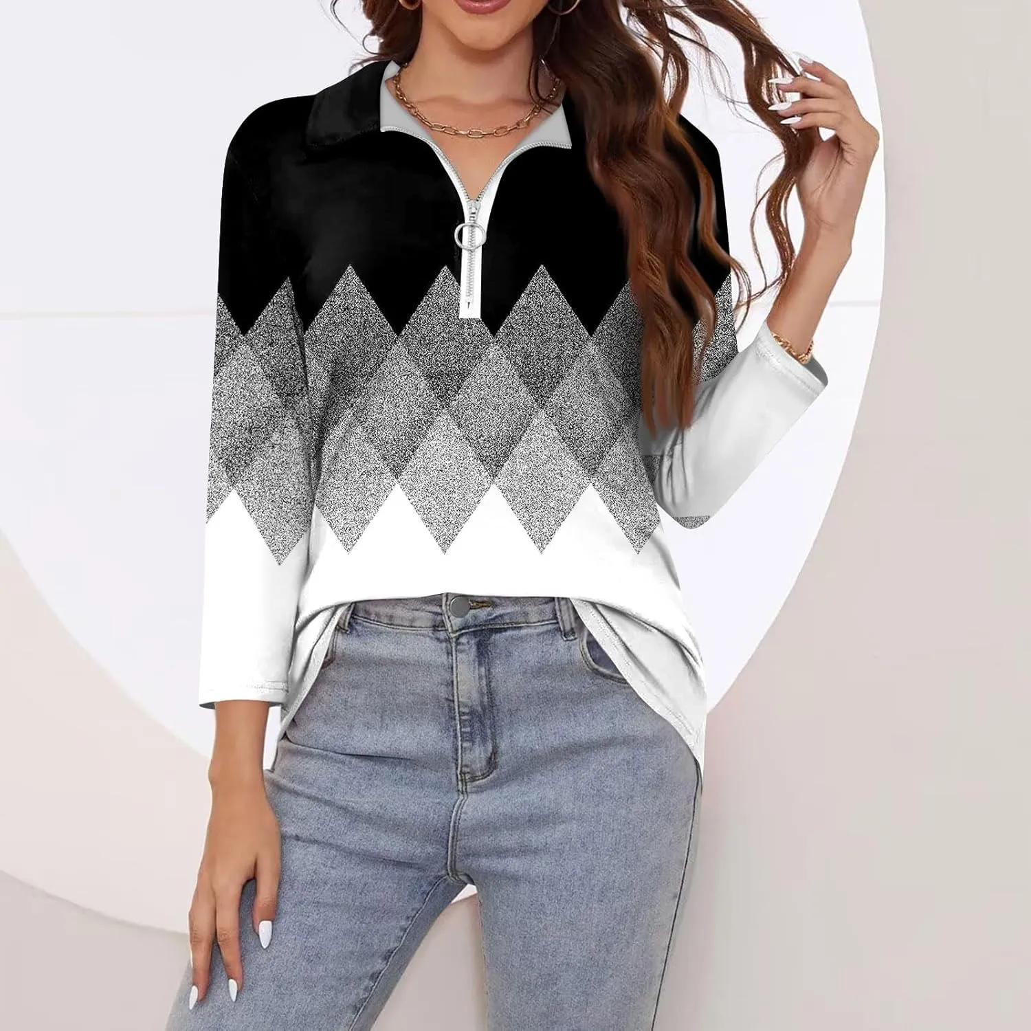 3/4 Length Sleeve Shirts for Women 2024 Trendy 1/2 Zipper Collar Lapel Tops Plain Color Tees Tunic Blouses Clothing