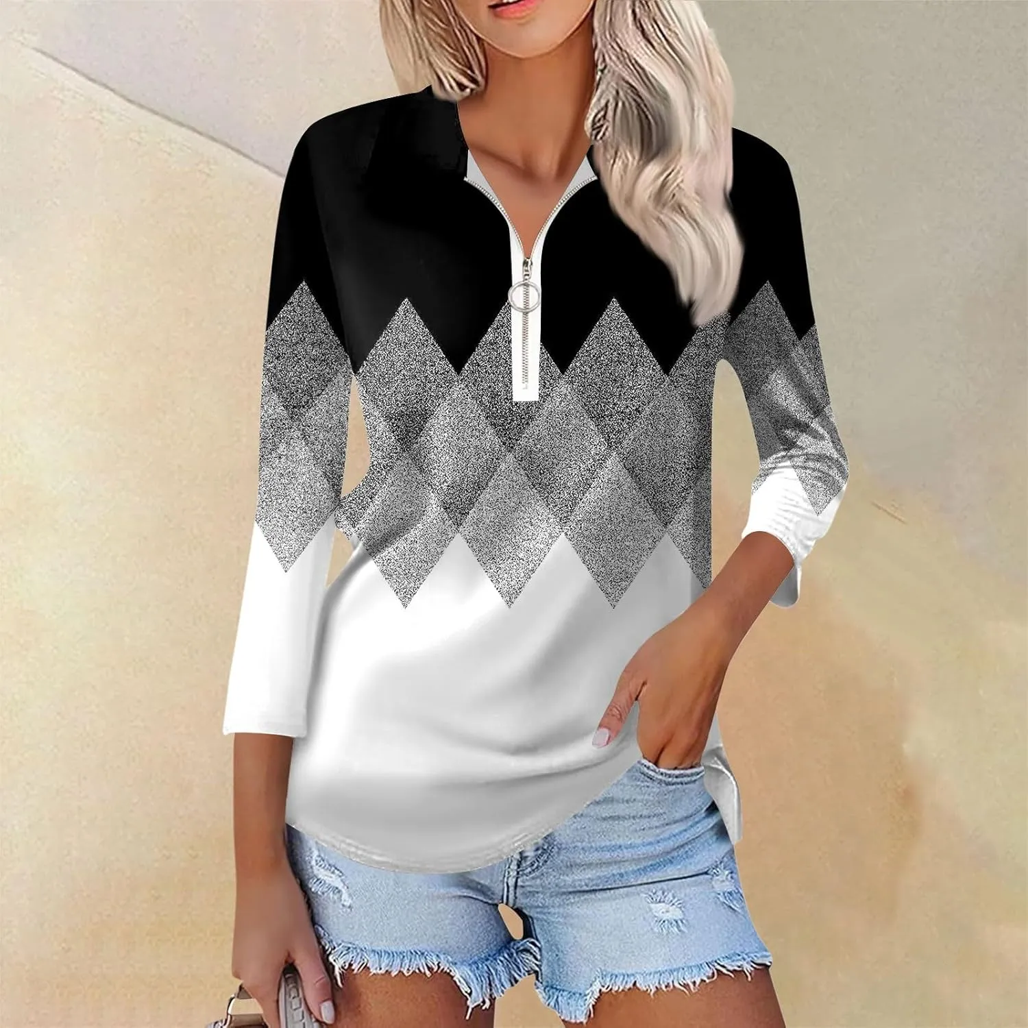3/4 Length Sleeve Shirts for Women 2024 Trendy 1/2 Zipper Collar Lapel Tops Plain Color Tees Tunic Blouses Clothing