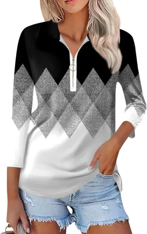 3/4 Length Sleeve Shirts for Women 2024 Trendy 1/2 Zipper Collar Lapel Tops Plain Color Tees Tunic Blouses Clothing