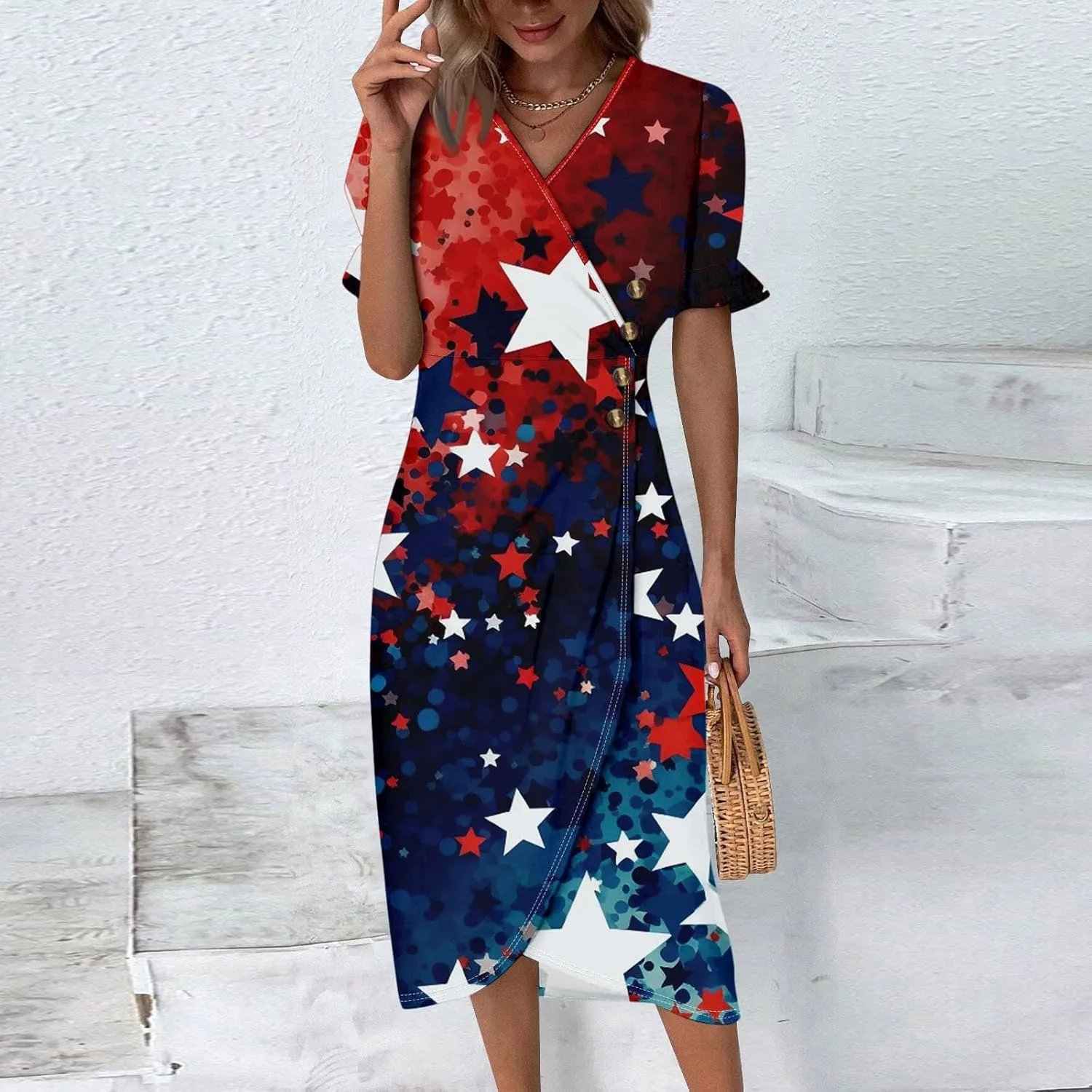 4Th July Dress Women Midi Red White and Blue Dresses Short Sleeve USA Flag Dress Holiday Dresses S,M,L,XL,XXL