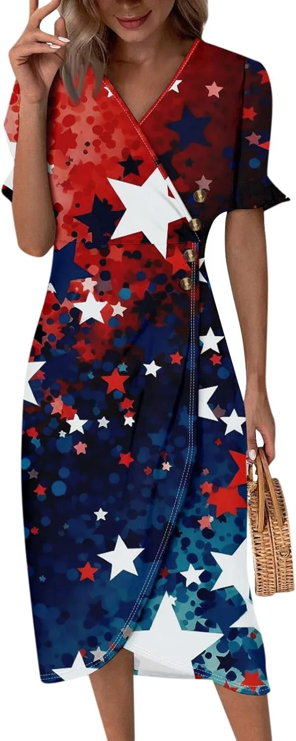 4Th July Dress Women Midi Red White and Blue Dresses Short Sleeve USA Flag Dress Holiday Dresses S,M,L,XL,XXL