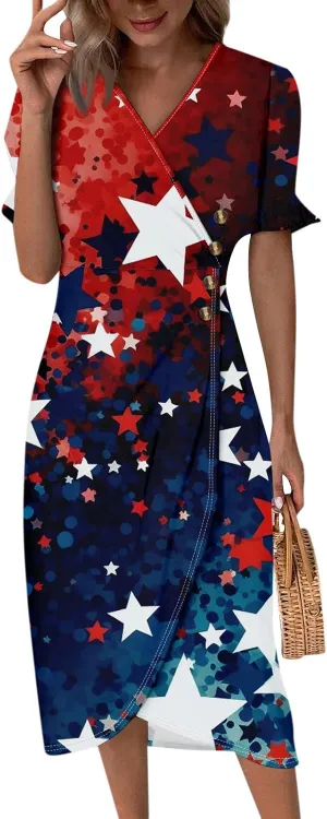 4Th July Dress Women Midi Red White and Blue Dresses Short Sleeve USA Flag Dress Holiday Dresses S,M,L,XL,XXL