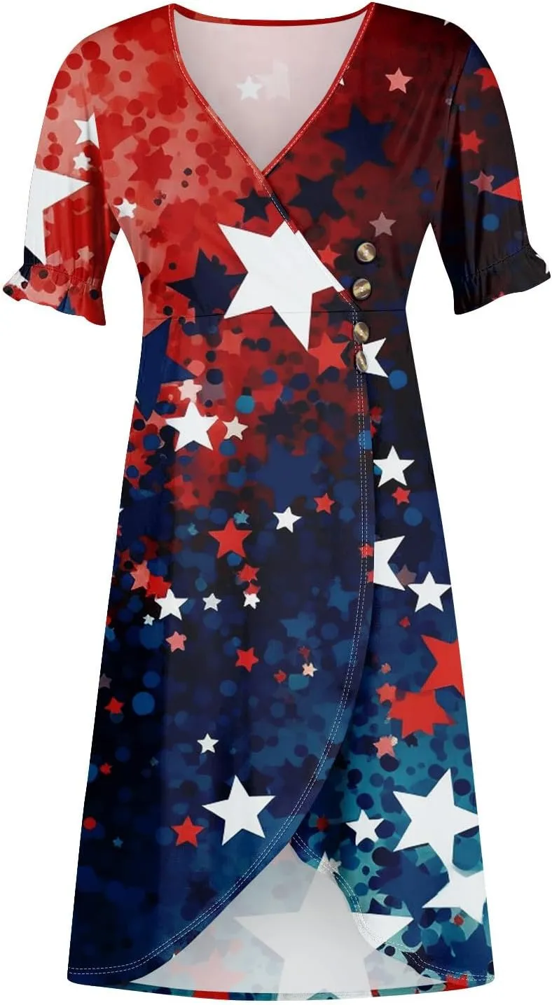 4Th July Dress Women Midi Red White and Blue Dresses Short Sleeve USA Flag Dress Holiday Dresses S,M,L,XL,XXL