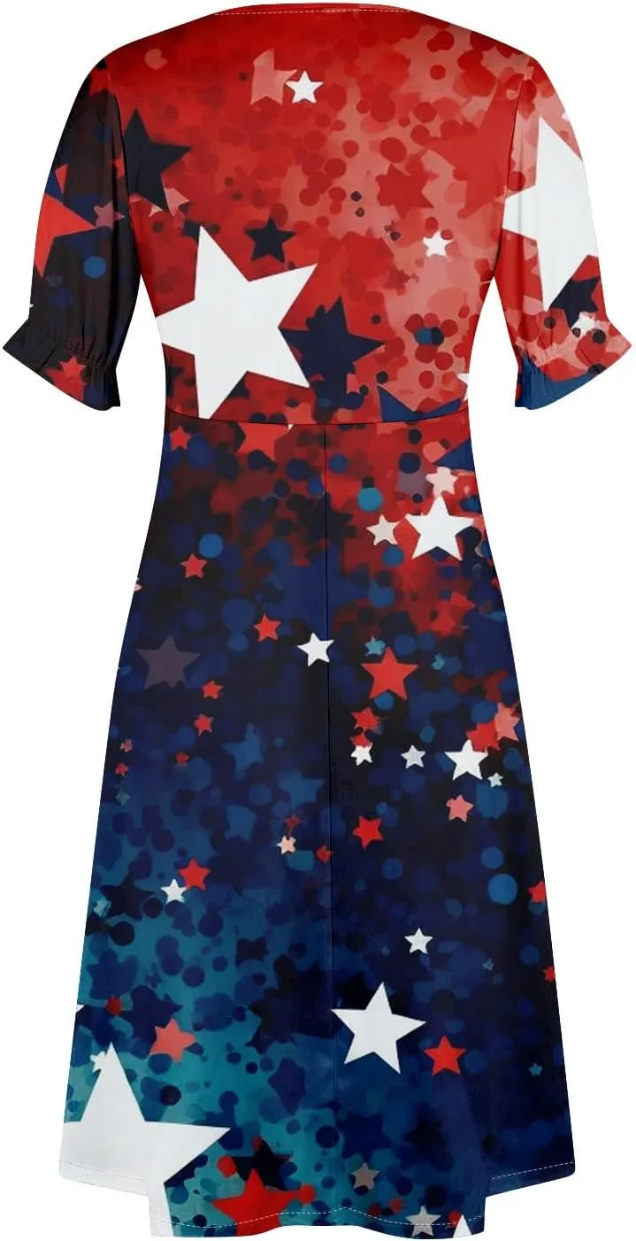 4Th July Dress Women Midi Red White and Blue Dresses Short Sleeve USA Flag Dress Holiday Dresses S,M,L,XL,XXL