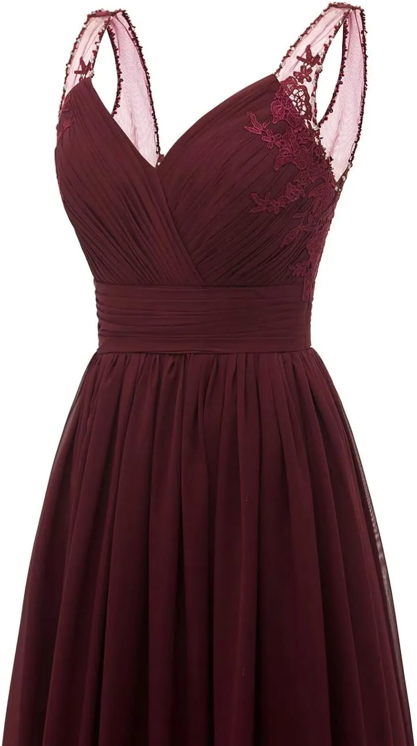 A-line Ruched Chiffon Bridesmaid Dress for Women, V Neck Wedding Party Dress Spaghetti Strap Formal Evening Gown