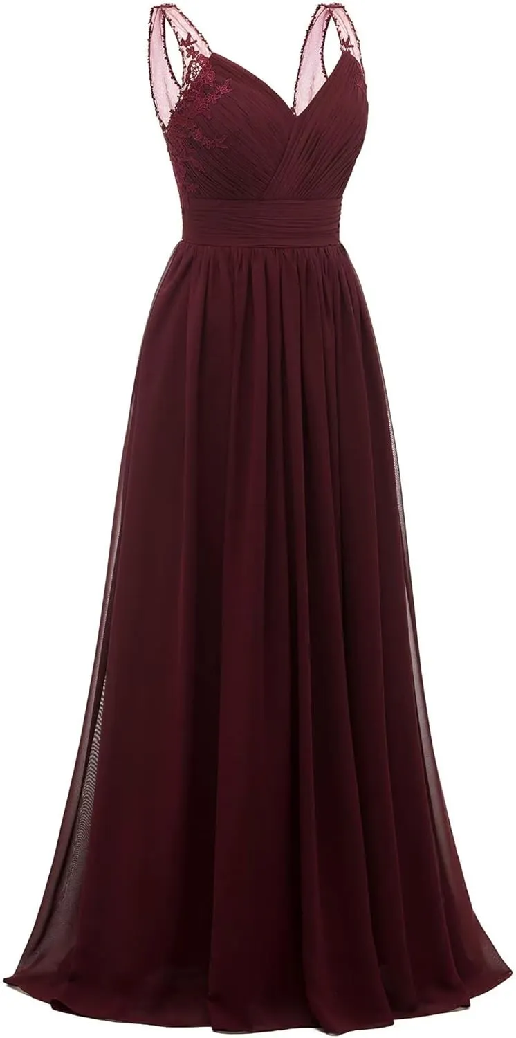 A-line Ruched Chiffon Bridesmaid Dress for Women, V Neck Wedding Party Dress Spaghetti Strap Formal Evening Gown