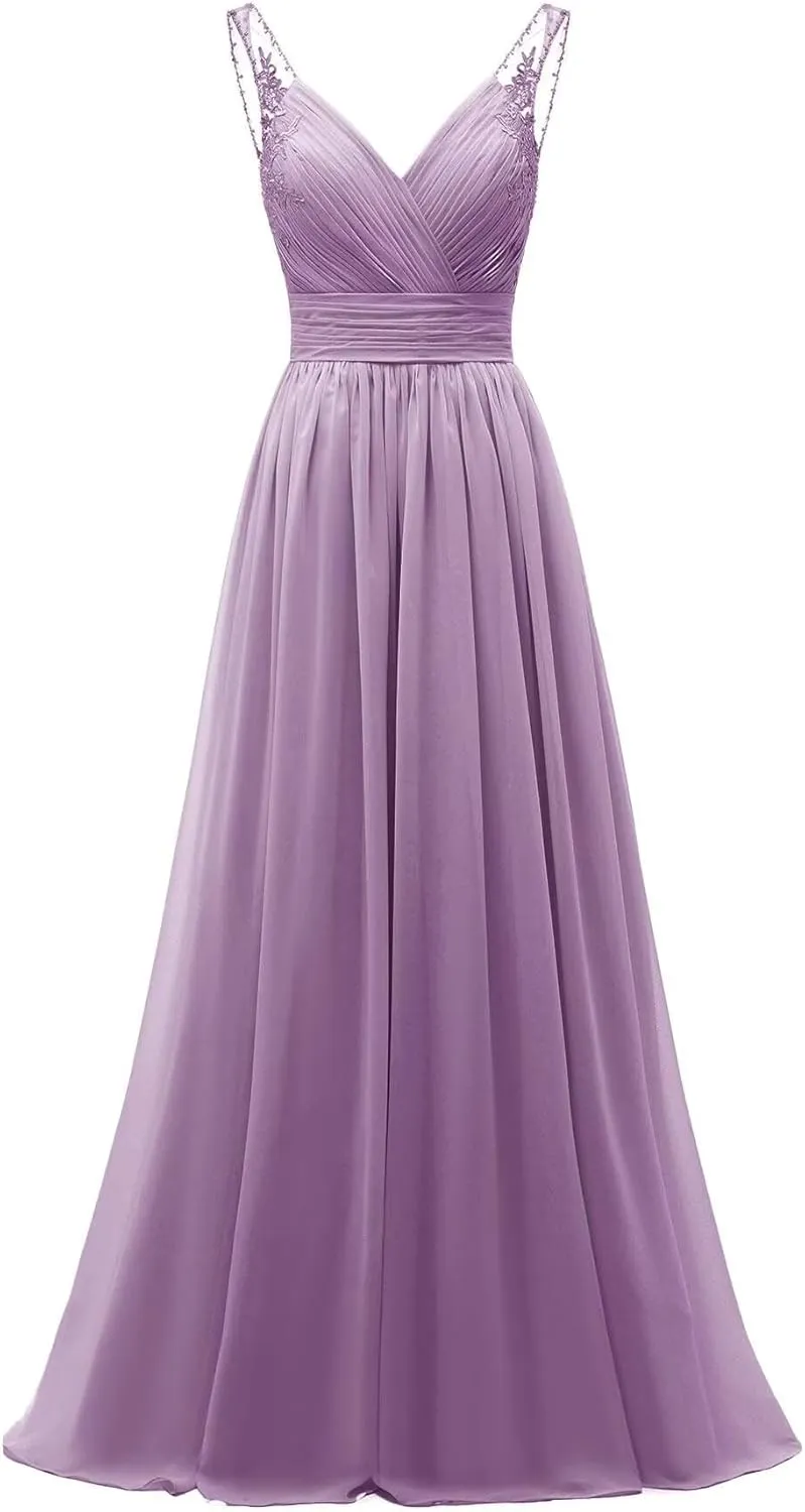 A-line Ruched Chiffon Bridesmaid Dress for Women, V Neck Wedding Party Dress Spaghetti Strap Formal Evening Gown