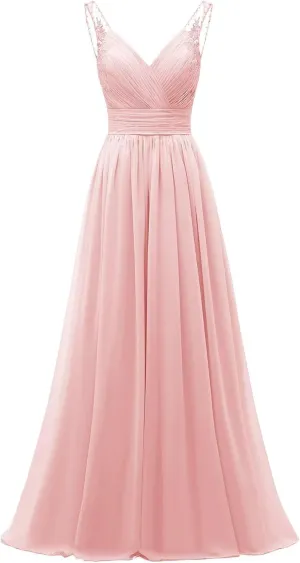 A-line Ruched Chiffon Bridesmaid Dress for Women, V Neck Wedding Party Dress Spaghetti Strap Formal Evening Gown