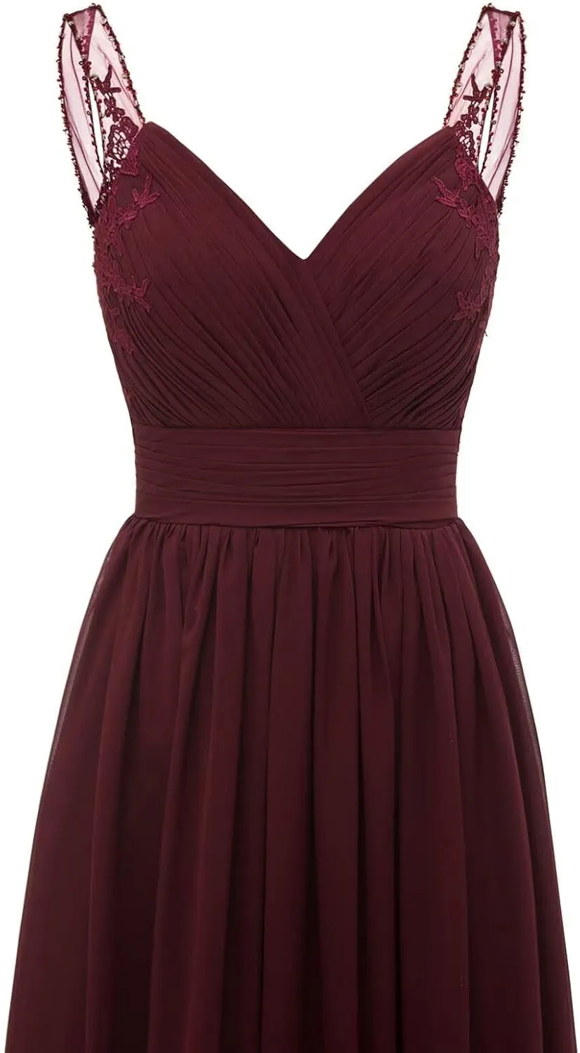 A-line Ruched Chiffon Bridesmaid Dress for Women, V Neck Wedding Party Dress Spaghetti Strap Formal Evening Gown