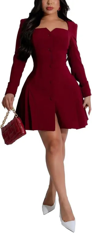 acelyn Women's Elegant Deep V-Neck Short Wedding Dresses Long Sleeve Button Pleated Blazer Party Mini Dress