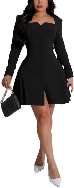 acelyn Women's Elegant Deep V-Neck Short Wedding Dresses Long Sleeve Button Pleated Blazer Party Mini Dress