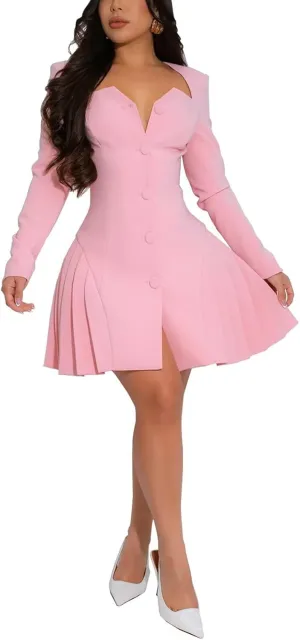 acelyn Women's Elegant Deep V-Neck Short Wedding Dresses Long Sleeve Button Pleated Blazer Party Mini Dress