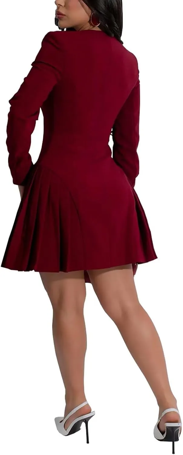 acelyn Women's Elegant Deep V-Neck Short Wedding Dresses Long Sleeve Button Pleated Blazer Party Mini Dress