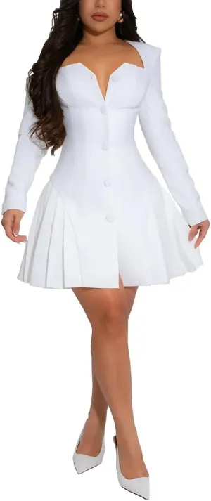 acelyn Women's Elegant Deep V-Neck Short Wedding Dresses Long Sleeve Button Pleated Blazer Party Mini Dress
