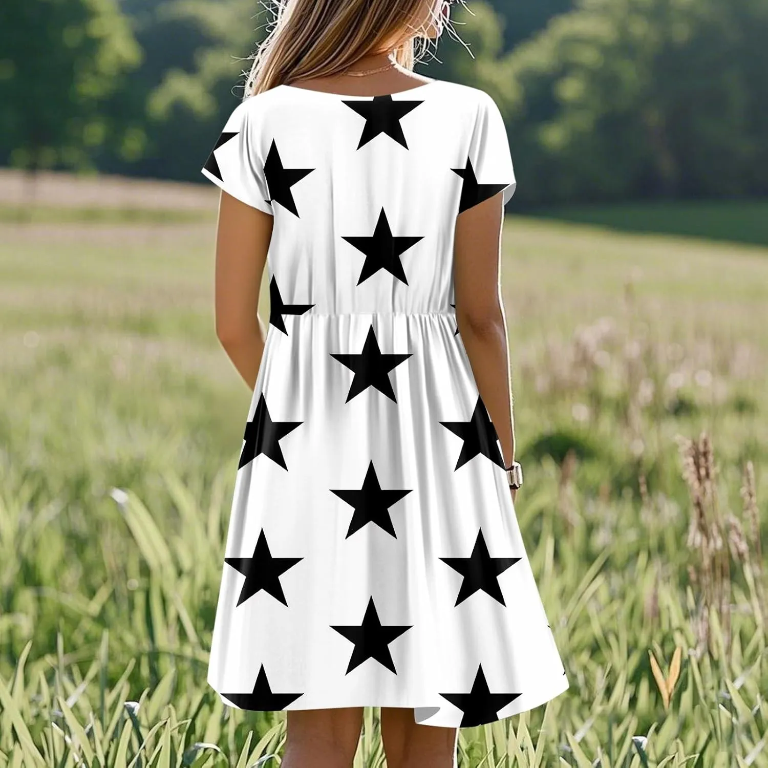 ADHOWBEW 4th of July Dresses for Women Summer Patriotic American Flag USA Casual Short Sleeve Dress