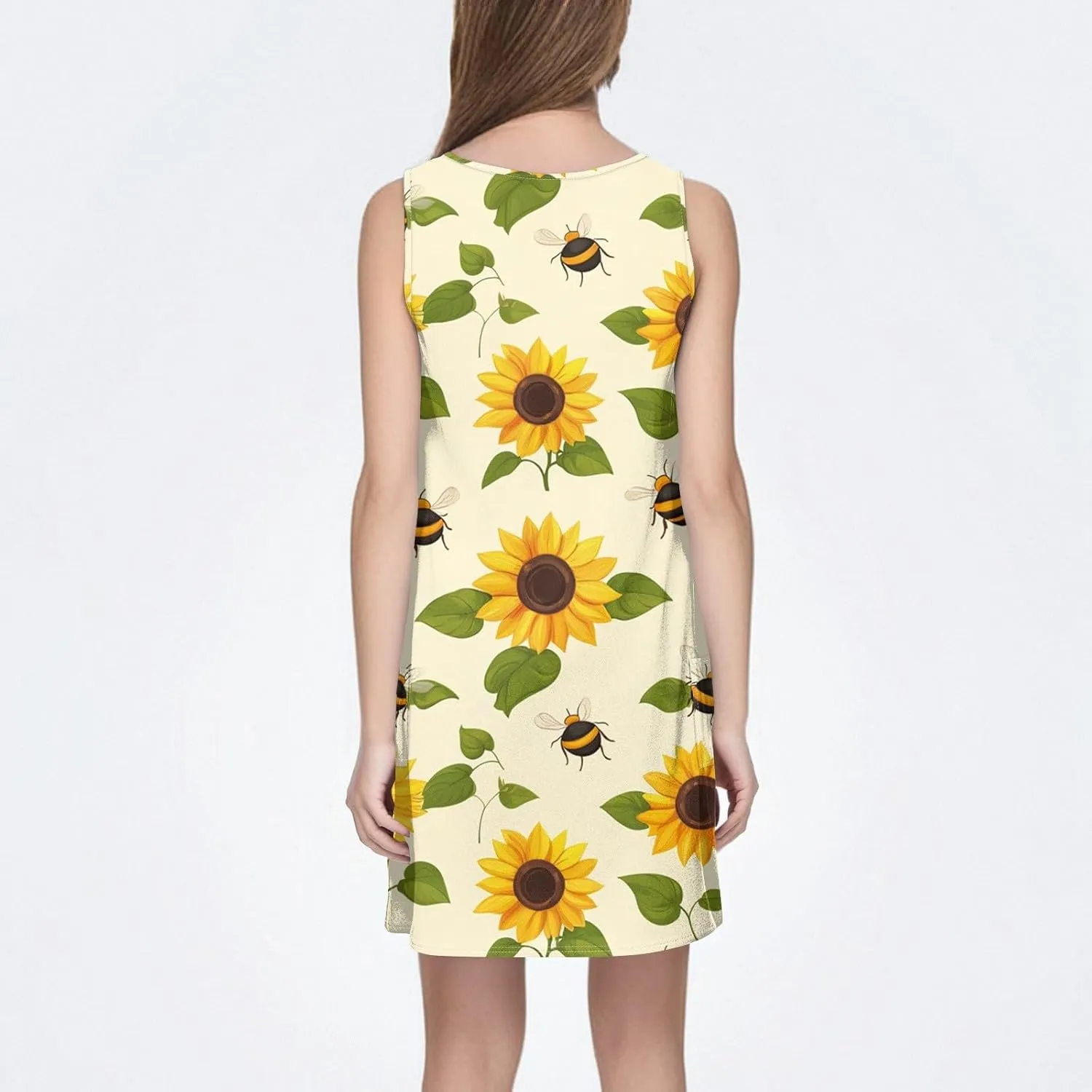 ADHOWBEW Flowy Dresses for Women Womens Beach V Neck Cute Tropical Print Sexy Hawaiian Sleeveless Tank Dresses