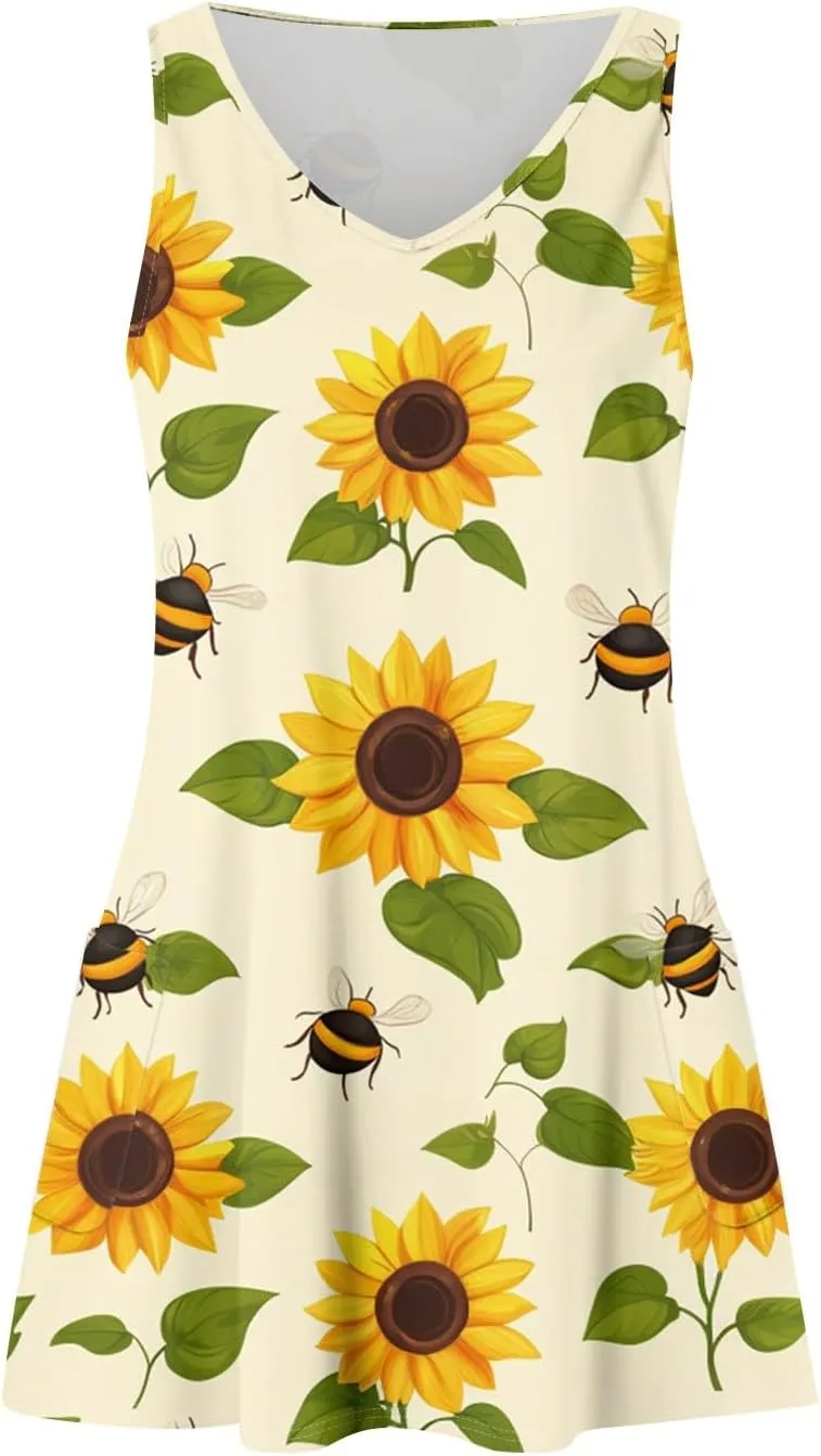 ADHOWBEW Flowy Dresses for Women Womens Beach V Neck Cute Tropical Print Sexy Hawaiian Sleeveless Tank Dresses