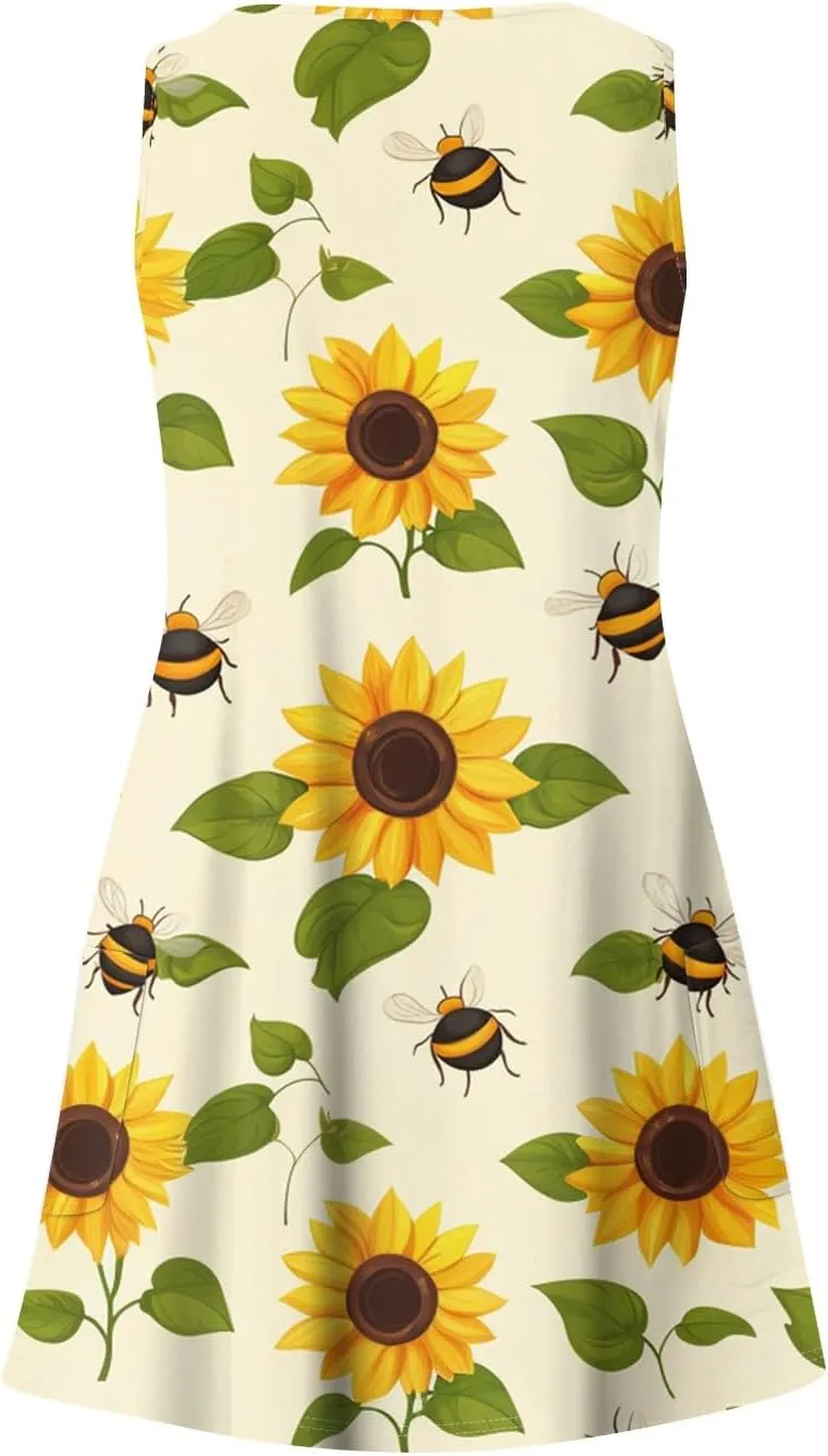 ADHOWBEW Flowy Dresses for Women Womens Beach V Neck Cute Tropical Print Sexy Hawaiian Sleeveless Tank Dresses