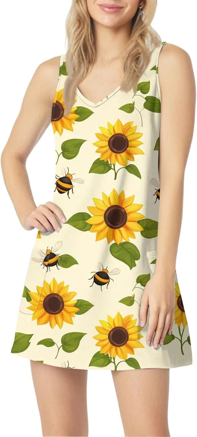 ADHOWBEW Flowy Dresses for Women Womens Beach V Neck Cute Tropical Print Sexy Hawaiian Sleeveless Tank Dresses