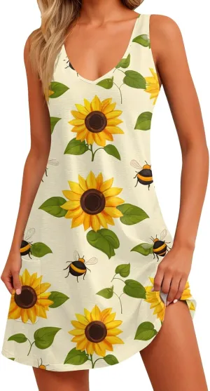ADHOWBEW Flowy Dresses for Women Womens Beach V Neck Cute Tropical Print Sexy Hawaiian Sleeveless Tank Dresses