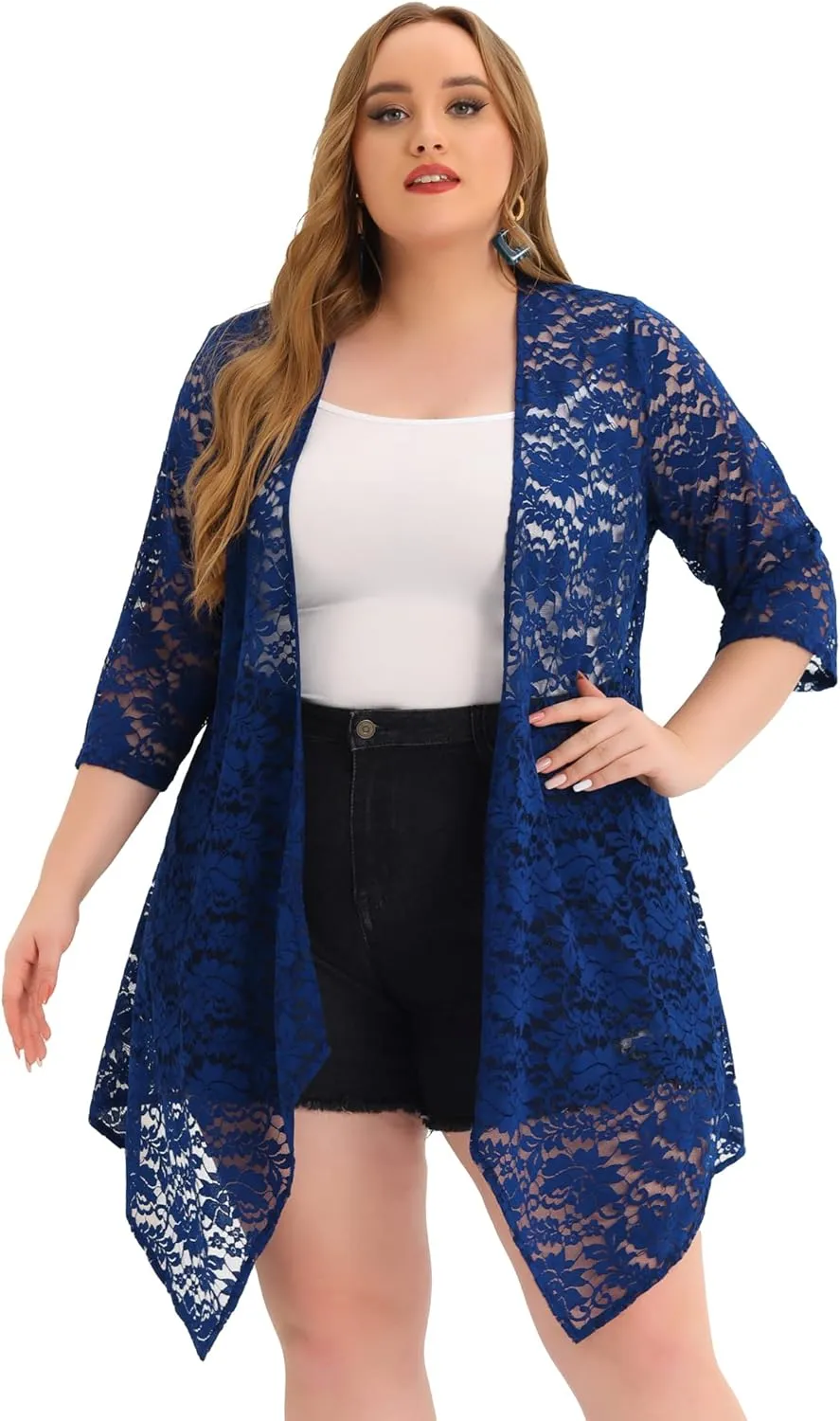 Agnes Orinda Plus Size Cardigans for Women Open Front 3/4 Sleeves Crochet Cover Ups Jackets 2024