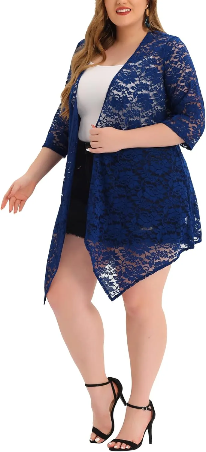 Agnes Orinda Plus Size Cardigans for Women Open Front 3/4 Sleeves Crochet Cover Ups Jackets 2024