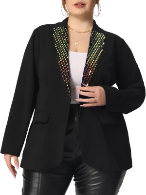 Agnes Orinda Plus Size Shiny Sequin Blazer for Women Button Jacket Lapel Casual Sparkle Party Blazers