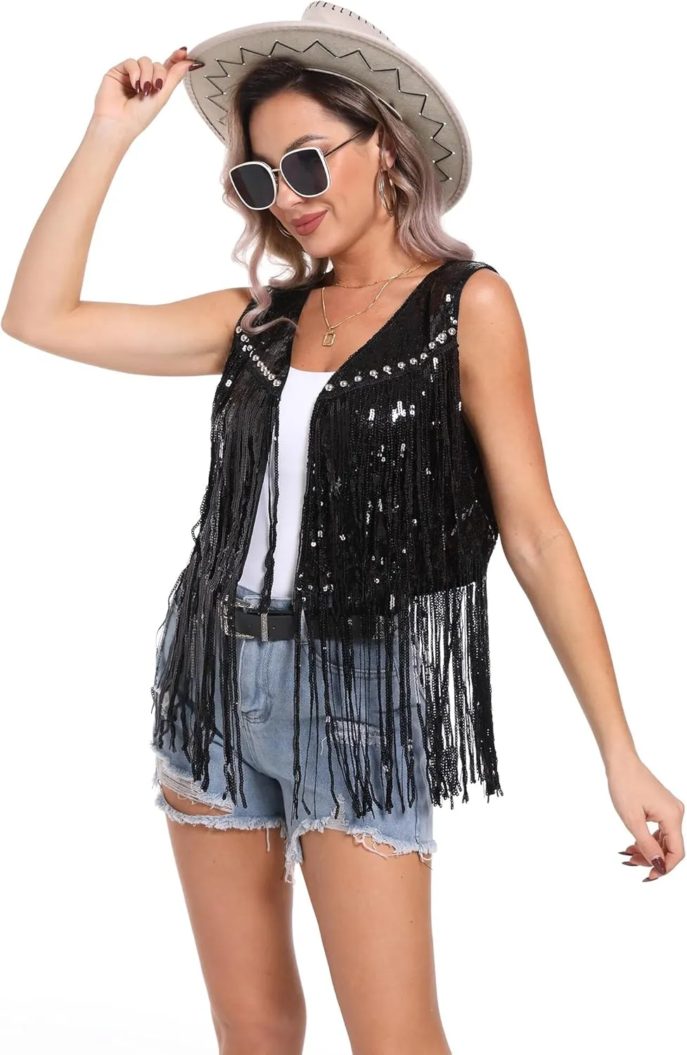 Aivtalk Sequin Tassel Vest for Women Lightweight Sleeveless Sparkly Waistcoat Glitter Fringe Gilet