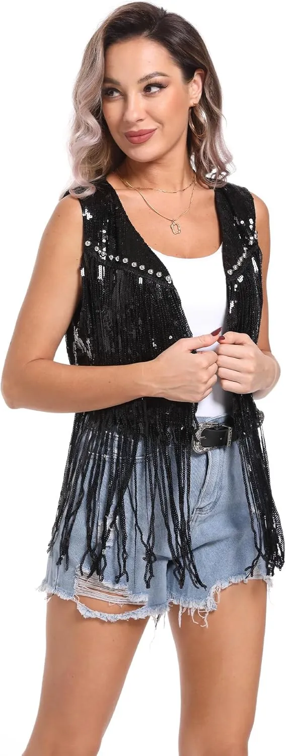 Aivtalk Sequin Tassel Vest for Women Lightweight Sleeveless Sparkly Waistcoat Glitter Fringe Gilet