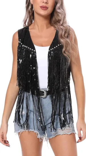 Aivtalk Sequin Tassel Vest for Women Lightweight Sleeveless Sparkly Waistcoat Glitter Fringe Gilet