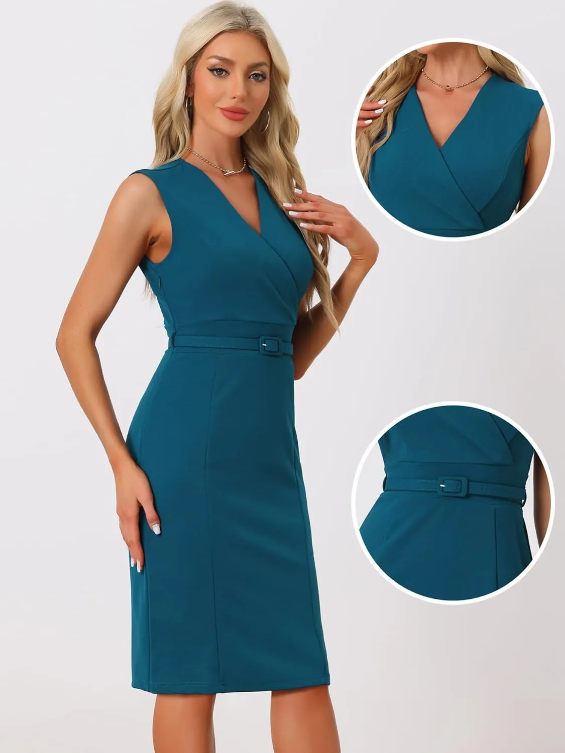 Allegra K Sheath Dress for Women's Sleeveless V Neck Business Office Belt Pencil Dresses